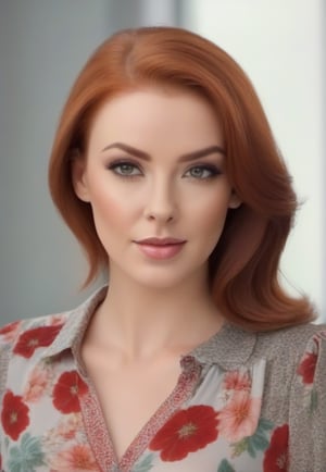 Bust portrait of a Caucasian woman with Red hair and gray eyes wearing Wearing a floral blouse In 8k