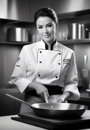 /imagine prompt: Subject: A passionate woman chef Purpose: Portrait Mood: Curious Style: vibrant colors,Background: Kitchen Create striking and focused portraits of a passionate chef in simple black and white compositions. Play with shadows and highlights to capture the essence of the subject. Use the kitchen as a minimalistic background to emphasize the raw emotions and the culinary mastery of the chef. -