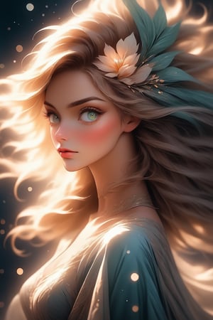 beautiful woman, freckles on cheeks, dark sparkling green-blue eyes , waist length flowing silky light brown hair with blonde highlights,  fuller figure, misty moonlight, Create an elegant profile picture with a floral pattern and soft pastel colors 






















,Comic Book Style 2d,Flat vector art,Leonardo,Leonardo Style