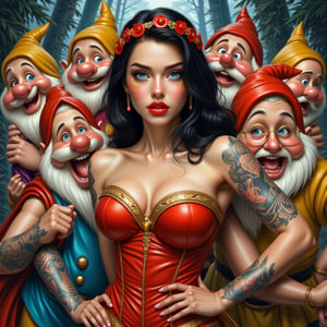 A sultry pin-up princess! Here's your prompt:

Snow White warrior, a siren-like beauty with bold, crimson lips and piercing blue eyes, sports a tattoo sleeve on her toned arms and body. The seven dwarfs gang surrounds her, each one uniquely rendered in the style of Olivia De Berardinis. Dopey's goofy grin matches Snow's mischievous smirk as Grumpy scowls in the background. Sneezy's bright red nose and Bashful's blushing cheeks add to the playful atmosphere. Doc's glasses and Sleepy's yawn complete the gang, all painted in a vibrant, high-contrast style reminiscent of ek_ ph0t0_b00ster and ek_an1_b00ster.