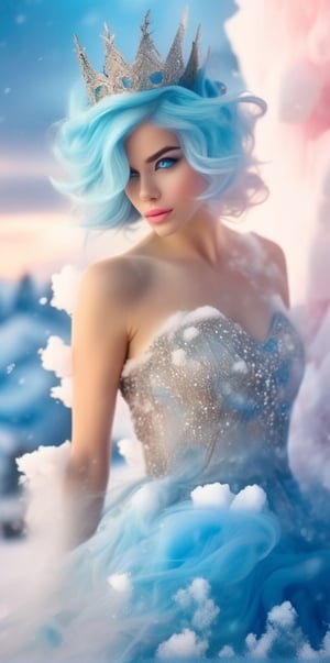 disturbingly whimsical portrait of a beautiful Winter princess with blue hair and blue eyes in a dress made of ice dissolving in white smoke, snow storm, soft morning light, pink-golden sky, white snow