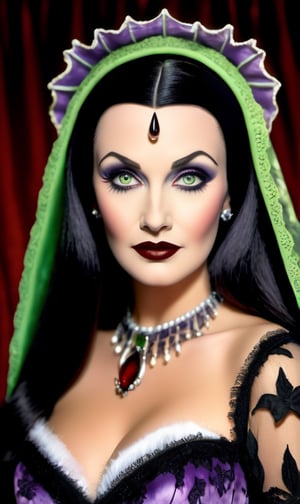 Beautiful portrait of model woman as Lily Munster in costume from the tv show “The Munsters”Hide