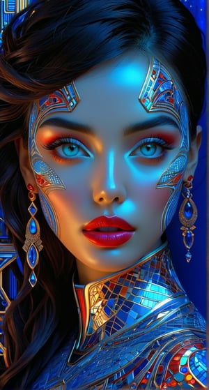 The image is a stylized depiction of a woman's face and upper torso. It features a high level of detail and complexity, with the skin appearing to be adorned with an intricate pattern of colors and shapes that resemble circuitry or digital art. The eye is particularly prominent, with its blue iris surrounded by vibrant hues and detailed with a variety of patterns. The lips are full and painted red, adding a bold contrast to the surrounding artistry. The overall effect is one of a digital or cybernetic aesthetic, suggesting themes of technology and humanity intersecting.