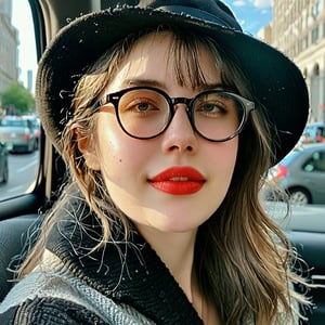 there is a woman with glasses and a hat sitting in a car, sitting in her car, thick glasses, taken in the early 2020s, black and grey, profile image, with glasses, lacey, 18 years old, wearing black glasses, sitting down casually, angie glocka, casually dressed, black glasses, big glasses, in the city
