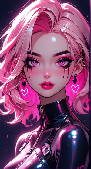 The image provided is a digital illustration of a female character. The character's features are exaggerated and stylized, with prominent pink hair, dark eye makeup, and a contemplative expression. She wears a bodysuit adorned with hearts and the number 9, which could suggest a theme or identity related to the character. The colors used in the illustration are muted yet vibrant, with the pink elements standing out against the softer background. There is no additional context provided within the image itself.