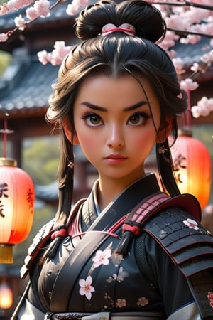 Young Samurai with long black hair and ponytail, wearing samurai armor, standing in a Japanese temple, cherry blossom petals falling, illuminated lanterns, glowing sunrise, tranquil lighting, ethereal lighting, delicate shadows, ((beautiful detailed eyes, symmetrical eyes), dramatic lighting, (photorealism 1. 5), (photorealistic 1. 4), (8k, RAW photo, masterpiece), High detail RAW color photo, a professional photo, realistic, (highest quality), (best shadow), (best illustration), ultra high resolution, highly detailed CG unified 8K wallpapers, physics-based rendering, photo, realistic, realism, high contrast, hyperrealism, photography, f1. 6 lens, rich colors, hyper-realistic lifelike texture, cinestill 800)