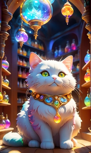 Colourful Cute curvaceous neko fantasy alchemy vendor inside a magical item shop vivid colour god rays ray tracing glowing light iridescent intricate highres highly detailed, dripping paint