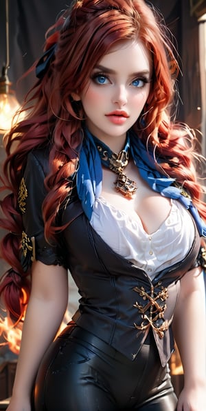 Physical: Miss Fortune stands out for her athletic and curvy figure, a product of her training as a (((pirate and bounty hunter))). Hair: Her fiery red hair, long and wavy, frames her face with a natural rebellion, often adorned with a pirate scarf or elaborate braids. Eyes: Her intense sapphire eyes radiate cunning and determination, capable of intimidating any enemy. Clothing: Her clothing style reflects her dual nature of pirate and noble. She usually wears a tricorn pirate hat, a low-cut blouse that shows off her tattoos, and tight leather pants.
