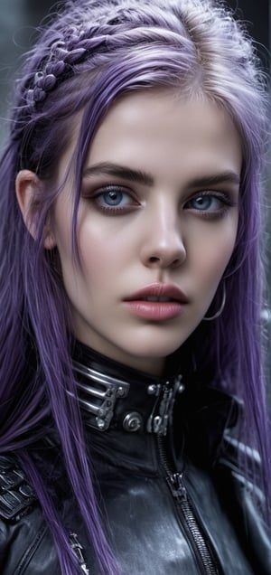 By HR Giger and Luis Royo and Victoria Frances and "ghost in the shell" and "altered carbon", The image is a close-up portrait of a Spanish teenage cyborg with long purple hair and piercing eyes. The cyborg has an anthropomorphic humanoid appearance with immaculate clean pale smooth skin. They are depicted at an underground industrial party, wearing a crop top. The overall aesthetic is a combination of grungy gothic and cyberpunk, with elements of dark neon punk, bubble goth, and mall goth. The style of the image is hyperrealistic and extremely detailed, resembling a cinematic photograph. It showcases intricate details of the cyborg's face and body, emphasizing their slender symmetrical physique and straight fringe. The image captures a techno-mystic atmosphere with a touch of android mysticism, incorporating terminator tech