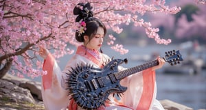 A serene woman dressed in a delicate pink hanfu, sitting under blooming cherry blossoms, holding a dark, gothic metal guitar with intricate, spiked designs | peaceful and harmonious atmosphere with a striking contrast from the edgy guitar | soft, pastel lighting