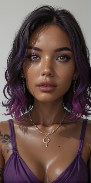 1girl, solo, breasts, looking at viewer, bangs, black hair, dress, cleavage, bare shoulders, brown eyes, jewelry, medium breasts, collarbone, upper body, purple hair, multicolored hair, earrings, parted lips, sleeveless, dark skin, medium hair, necklace, mole, two-tone hair, dark-skinned female, lips, eyelashes, mole under eye, tattoo, gradient hair, makeup, sleeveless dress, piercing, ear piercing, purple dress, freckles, realistic, nose, arm tattoo, mascara,dal-1,3D