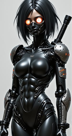 3000Year、Chiba、A female samurai with a cyborg half-body、cyber punk、(((Mirror goggles embedded in the face)))、I can&#39;t see your gaze、Grab a gun、Estimated Age２８Year、Bodysuits that fit the body、skinny、skinny pants、Casual wear、Wear a half-coat、Combat Ready,FLUXCyberpunknime,REALNIME,