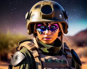 Junior officer, girl army soldier scouting alone (headshot bullet hole midnight Camo Face Paint) though a alien planet looking for targets of opportunity. High resolution, nighttime shot, epic pic