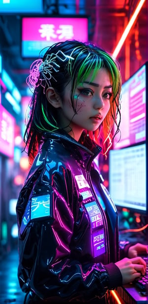 gritty raw street photography,(an arrogant japanese 21 year old woman hacker), surrounded by large computer monitors,body illuminated by florescent light,soft neon backlighing, visible detailed skin, realistic skin texture,extremely detailed,(hyper realistic:1.2),(best quality:1.5),(best image:1.5),(film grain:1.1),(bokeh effect:1.1),(deep focus),(depth of field),(eye catchlights:1.1)