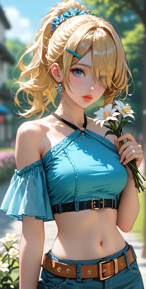 1girl, solo, (((breasts, blue eyes, blonde hair, hair ornament, navel, holding, bare shoulders, ponytail, flower, outdoors, hairclip, midriff, belt, hair over one eye, blurry, lips, crop top, blurry background, holding flower)))