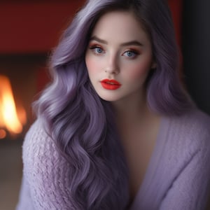 Generate hyper realistic image of a beauty with long, wavy purple hair, captivating black eyes, and a touch of (((freckles above her eyes))). Her red lips add a dash of sophistication. Dressed in a chic knitted attire, she sits by the fireside in an elegant yet comfortable setting, radiating warmth and beauty,Korean,Beauty

