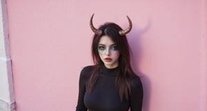 zombiefied woman dressed in black with small horns on her head, standing against a pastel pink wall | heavy makeup with a dark, gothic aesthetic | photographed in a 80s retro Kodachrome film style, soft grain and vintage color tones