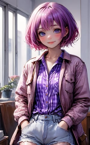 masterpiece, best quality, ultra-detailed, beautiful, nai3, aesthetic, 1girl, solo, taoqi-ww, purple eyes,pink hair,short hair,hair ornament,hair over one eye, long locks, sidelocks, smile, blush, brown jacket, gingham shirt, pants, beret, 