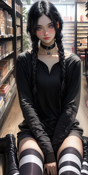 1girl, solo, long hair, (((looking at viewer, shirt, black hair, thighhighs, long sleeves, sitting, closed mouth, collarbone, braid, boots, choker, striped, black thighhighs, indoors, black footwear, twin braids, collar, lips, parted bangs, grey eyes, book, black shirt, wariza, striped thighhighs, between legs, realistic, on floor, arm warmers, bookshelf, shop, gothic, striped sleeves)))