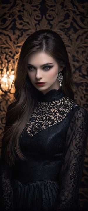 A subtle yet enchanting photo of a woman with a gentle yet sinister expression. She wears a delicate black dress adorned with intricate patterns and accessories. In the background, there's a dimly lit room with a dark, mysterious atmosphere. The walls are covered with intricate, almost Gothic designs, and a low, menacing growl can be heard in the distance. The overall tone of the image is mysterious and alluring, inviting viewers to uncover the secrets it holds., photo