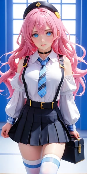 (masterpiece, best quality), 1girl,  hoshino, pink hair, long hair, hair between eyes, ahoge, yellow eyes, blue eyes, heterochromia, halo,collared shirt, puffy sleeves, blue necktie, chest harness, shoulder strap, black skirt, pleated skirt, plaid skirt, fingerless gloves, white socks, black shoes