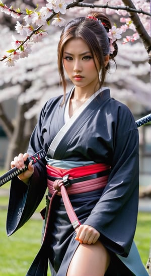 Beautiful Girl Katana Sword Photography: Ko Gasumi Stance with cherry blossoms in the background