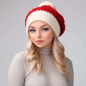 A woman in a knitted hat with a pom pom, white and beige (((red border color)))