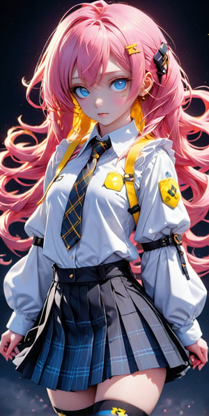 (masterpiece, best quality), 1girl,  hoshino, pink hair, long hair, hair between eyes, ahoge, (((yellow eyes, blue eyes, heterochromia))), halo,collared shirt, puffy sleeves, blue necktie, chest harness, shoulder strap, black skirt, pleated skirt, plaid skirt, fingerless gloves, white socks, black shoes