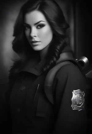 /imagine prompt: Subject: A fearless  woman firefighter Purpose: Portrait Mood: Curious Style: Black and white Background: Fire station Create striking and mysterious portraits in simple black and white compositions. Play with shadows and highlights to capture the essence of the subject. Use the ancient library as a minimalistic background to emphasize the raw emotions and the depth of knowledge of the wizard.