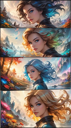 beautiful angle view of Species woman individual from another planet with multicolored hair, beautiful colorful eyes, run in autumn garden, breeze at dawn, alcohol ink painting, psychedelic art by Ross Tran, Antonio J. Manzanedo, Tom Bagshaw, mandy disher, cinematic, 32k, stills from Steven Spielberg epic film, clear focus, hyperrealistic repin artstation painting, detailed character design concept art, matte painting