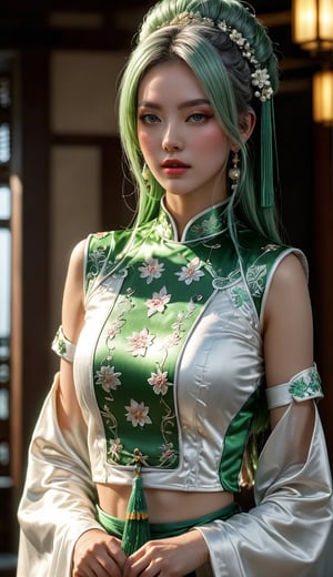 ((Best Quality)), ((Masterpiece)), (Details: 1.4), 3D, A Beautiful Female Figure, HDR (High Dynamic Range), Ancient Chinese Costumes, Satin Clothing, Feminine and Sexy, White Cheongsam, Green Hair Accessories, Tassel Earrings, Ray Tracing, NVIDIA RTX, Super-Resolution, Unreal 5, Subsurface Scattering, PBR Textures, Post Processing, Anisotropic Filtering, Depth of Field, Maximum Sharpness and Clarity, Multi-layer textures, albedo and specular mapping, surface shading, accurate simulation of light-material interactions, perfect proportions, Octane Render, two-color light, large aperture, low ISO, white balance, rule of thirds, 8K RAW, ultra-fine detail facial features, facial details, finger details