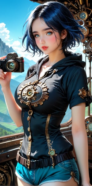 1girl, solo, big breast, holding a camera, short hair, blue hair, blue eyes, (((black hoodie,  steampunk style short sleeves)))), blue shorts, nature, mountain, blue sky, sunlight