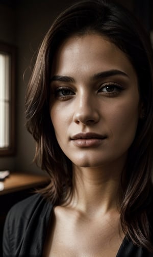  woman  (close-up, pro photograph of a 21 year old woman), (highly detailed face:1.4) (smile:0.7) (background inside dark, moody, private study:1.3) , POV, nikon d850, film stock photograph ,4 kodak portra 400 ,camera f1.6 lens ,rich colors ,hyper realistic ,lifelike texture, dramatic lighting , cinestill 800, 