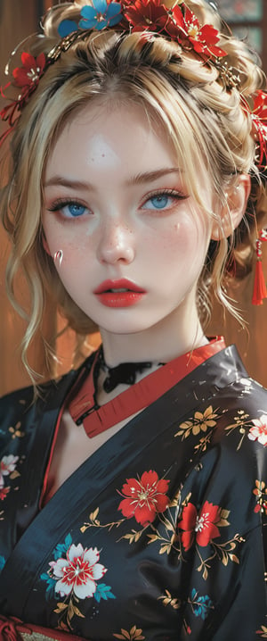 1girl, solo, looking at viewer, blue eyes, blonde hair, hair ornament, upper body, parted lips, japanese clothes, kimono, lips, pale skin, freckles, realistic, nose, red lips