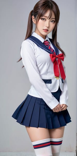 beautiful Japanese woman in a cosplay Japanese high school uniform with long socks, (medium breast), beautiful legs, shot on a Sony a7III by Richard Avedon, petite, emotive expressions, i can't believe how beautiful this is, hyper-realistic
