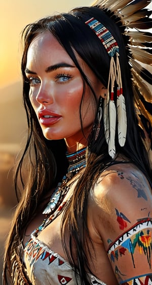 photorealistic digital painting portrait of most beautiful megan fox as Native American in the Wild West. Wearing traditional clothing with intricate beadwork. standing in the middle of the native village looking into the sunset. by Frank Frazetta, luis royo and pablo picasso, hyper detailed image, detailed face, natural skin, dramatic, 2.5D, Ultra-HD, HDR, Spotlight, studio Ligh