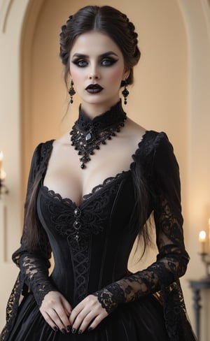 Woman from the 1800s, dressed up in dark gothic dress, full body photo, fierce eyes, jewellery, dark athmosphere