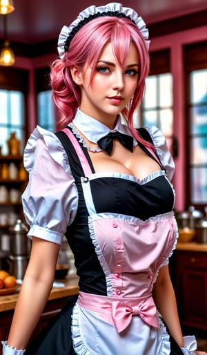 woman big breast, Rose Pink Colored hair, Gray eyes, maid outfit, ultra detailed, detailed background, shop, HDR, masterpiece, best quality
