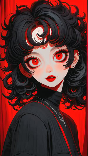 arafed woman with a red bow and a black jacket, curly bangs, curly bangs and ponytail, fluffy bangs, messy bangs, she looks like a mix of grimes, black hair and large eyes, ((red)) baggy eyes, sexy goth girl, she has black hair with bangs, curtain bangs, goth girl aesthetic