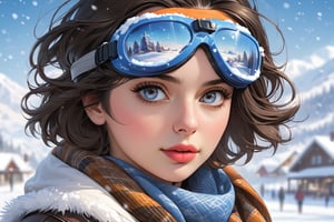 1girl, solo, looking at viewer, short hair, blue eyes, brown hair, black hair, parted lips, scarf, mole, blurry, lips, eyelashes, mole under eye, goggles, portrait, snow, goggles on head, realistic, nose