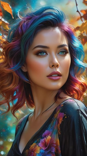 beautiful angle view of Species woman individual from another planet with multicolored hair, beautiful colorful eyes, run in autumn garden, breeze at dawn, alcohol ink painting, psychedelic art by Ross Tran, Antonio J. Manzanedo, Tom Bagshaw, mandy disher, cinematic, 32k, stills from Steven Spielberg epic film, clear focus, hyperrealistic repin artstation painting, detailed character design concept art, matte painting