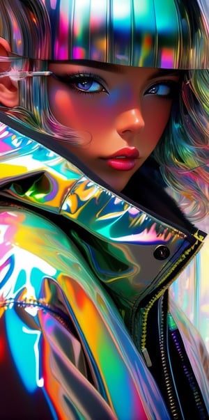 sole_female, anime, looking at viewer with a cigarette in her mouth, highly detailed, reflections transparent iridescent opaque jacket, long transparent iridescent RGB hair