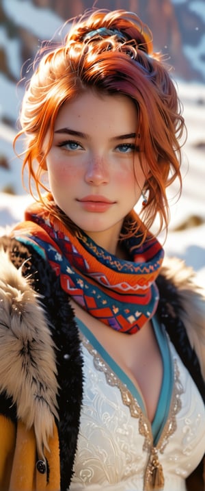 A high-resolution photograph of a woman with striking blue eyes and freckles, adorned in a vibrant mustard yellow headscarf with intricate floral patterns. The scarf wraps around her head and neck, adding warmth and color to the scene. Her auburn hair peeks out slightly, and she has a beautiful floral tattoo on her shoulder, which is partially visible beneath a textured, woolen garment. The background is a snowy, winter landscape with a soft, blurred effect that emphasizes the subject. The lighting is natural and soft, enhancing her delicate features and the rich colors of her attire. The overall mood is serene and captivating, blending elements of cultural richness and natural beauty.
