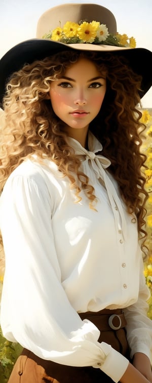 1girl, solo, brown light curly hair, hat woman cowgirl 1883, flower, realistic