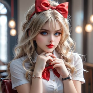 1girl, solo, long hair, looking at viewer, blue eyes, blonde hair, shirt, bow, jewelry, closed mouth, white shirt, upper body, short sleeves, hair bow, indoors, nail polish, blurry, red bow, lips, eyelashes, tattoo, makeup, blurry background, ring, red nails, watch, head rest, wristwatch, hands on own face, reference inset, photo inset