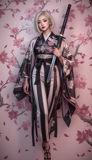 Wearing a black and white yukata and holding a sword、A beautiful Japanese woman with short white hair. Surrealism style. Pastel Tones. Mid Shot. Dramatic Light.whole body、Head to Toe, SamuraiArt,aidmaMJ6.1