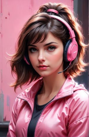 a woman wearing headphones and a pink jacket, a photorealistic painting by Alexander Kucharsky, cgsociety, photorealism, ilya kuvshinov, daz3d, photorealistic
