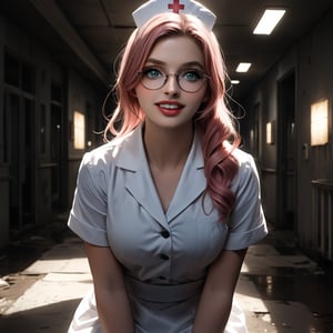 An ultra-detailed 16K masterpiece featuring gothic, horror and medical styles, rendered in ultra-high resolution with realistic details. | sexy woman, dressed in a white nurse's outfit with red details, consisting of a white blouse with buttons, a white skirt and white shoes. Her short, curly pink hair is slicked back with a white headband. ((His green eyes look at the viewer, smiling and showing his white teeth, wearing prescription glasses)). It is located in a macabre and dark hospital, with destroyed marble structures, wooden structures, old and dirty medical equipment, and broken monitoring devices. The dim, yellow light illuminates the place, creating eerie shadows on the walls and floor. | The image highlights Maria's professional and caring figure and the frightening elements of the hospital. The destroyed marble structures, wooden structures, old and dirty medical equipment, broken monitoring devices, along with the nurse, create a scary and medical environment. Dim, yellow lighting highlights details in the scene and creates eerie shadows. | Dark, dramatic lighting effects create a tense and frightening atmosphere, while rough, detailed textures on structures and costume add realism to the image. | A gothic, horror and medical scene of a young nurse in a macabre hospital, fusing elements of gothic, horror and medical art.