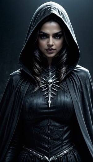 Create a frighteningly detailed and realistic depiction of the hooded figure of Death. Deepika Padukone. The scene is expected to feature a black silhouette with a skull on a face and a skeletal hand holding a menacing sickle. Esta figura sinistra deve ter como pano de fundo uma noite nebulosa iluminada pela luz fria da lua. A imagen deve exalar uma atmosfera sinistra e arrepiante. Use Octane rendering to capture realistic textures and lighting. The resolution should be an impressive 8K, ensuring extraordinary clarity and precision in portraying the sinister aspect of Death.