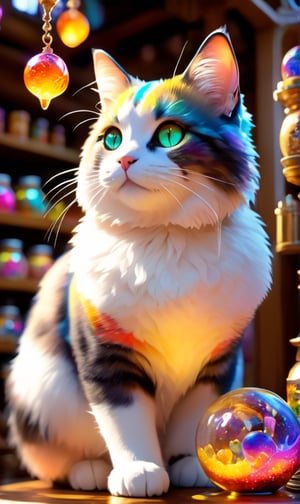Colourful Cute curvaceous neko fantasy alchemy vendor inside a magical item shop vivid colour god rays ray tracing glowing light iridescent intricate highres highly detailed, dripping paint